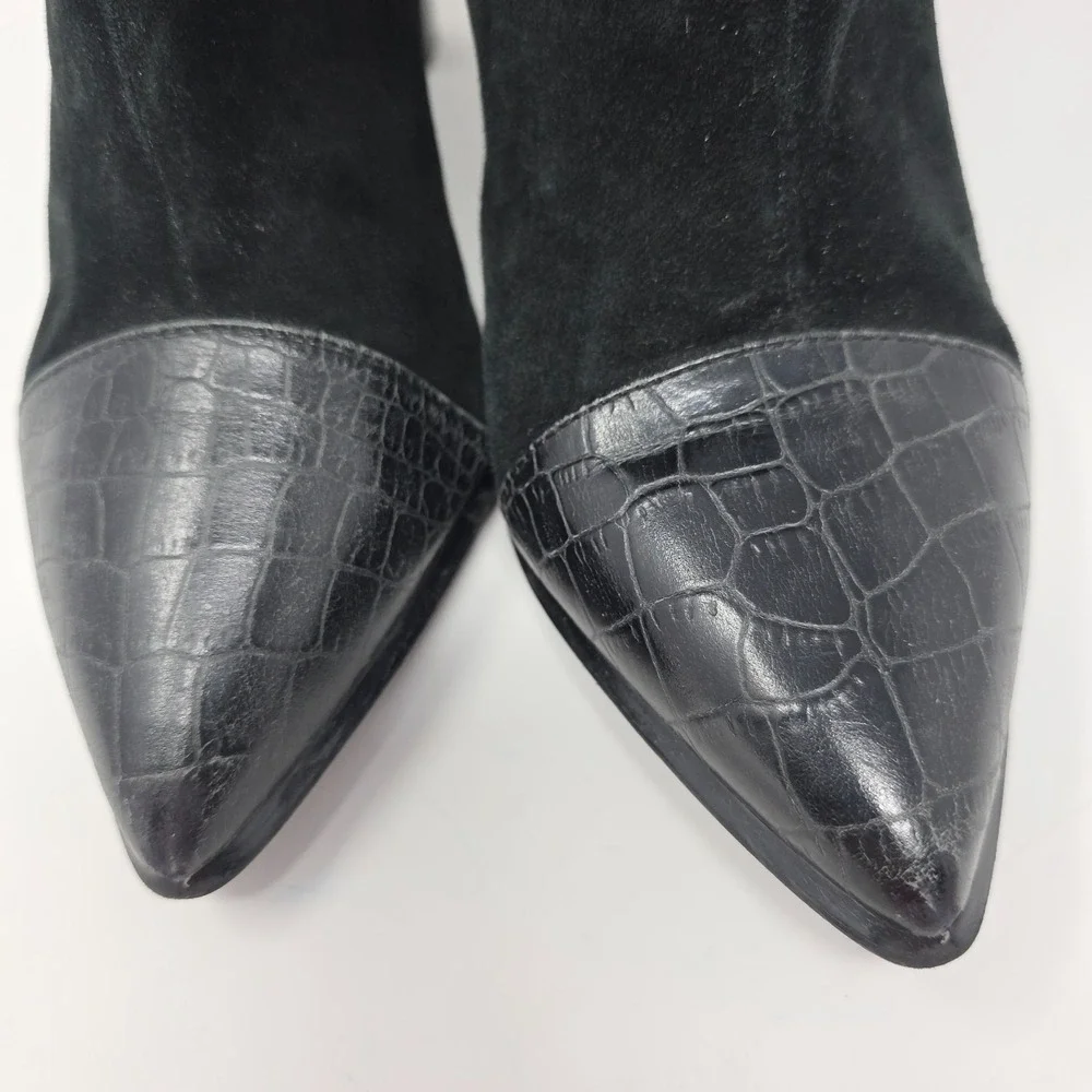Azaleia Black Suede Ankle Boots Croc Embossed Toe Block Heel Womens‎ 10M